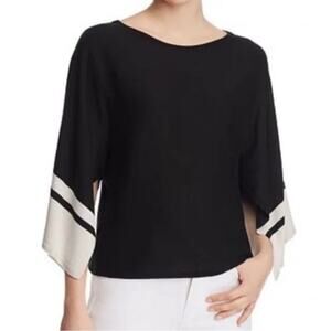 Eileen Fisher Colorblock Bateau Neck Batwing Kimono Sleeve Sweater Top Black XL